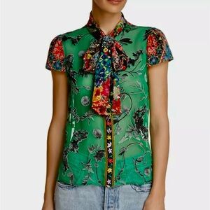 Alice + Olivia Mixed Print Tie Neck Blouse